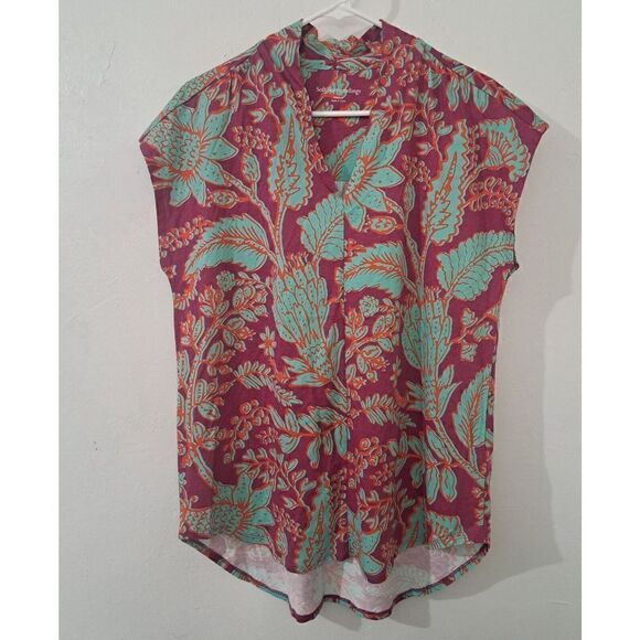 Soft Surroundings Women's Medium High Split Neck SOFT Stretch Top Magenta Aqua - Picture 1 of 8